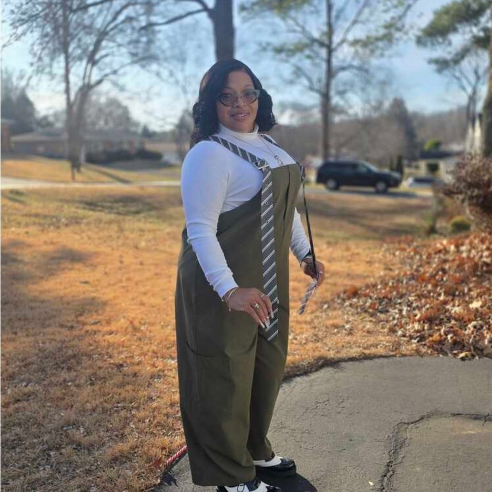 SHEIN Olive Green Wide-Leg Suspender Jumpsuit with Striped Ties - Picture 7 of 9